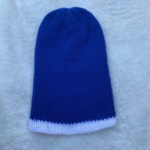 OS Adult Winter Beanie Hat Men Women Blue White Reversible Hand Knitted New